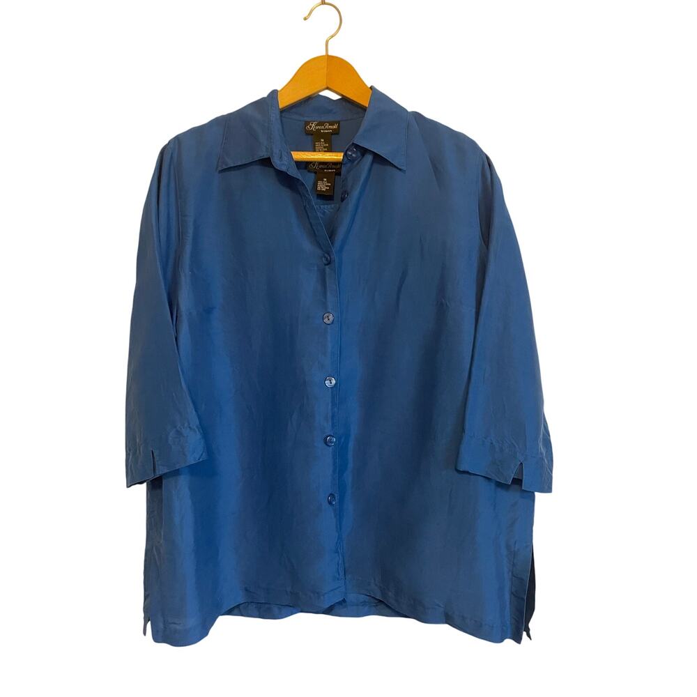 Karen Arnold blue silk button up blouse 2 piece set 3/4 sleeve lightweight 1X